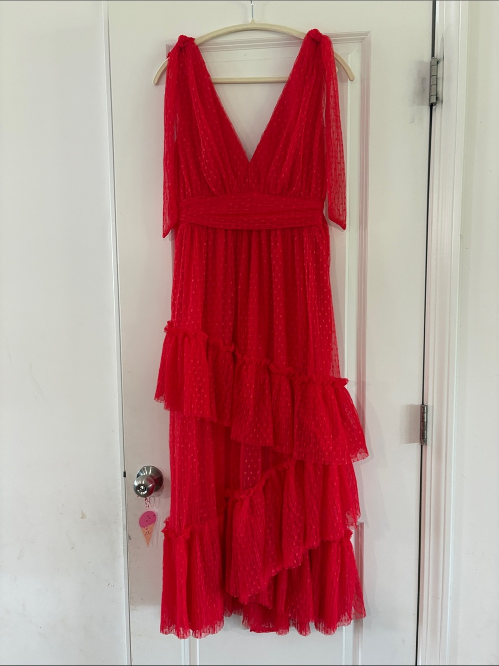 Red Tiered Mesh Maxi Dress with Waist Tie